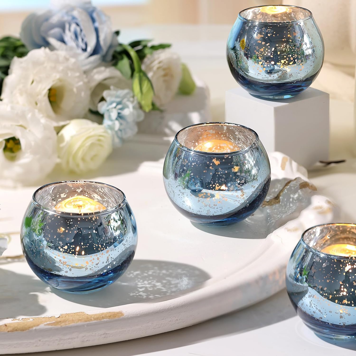 Volens round Gold Votive Candle Holders, Mercury Glass Candle Holder Set of 12, Wedding Decorations for Table