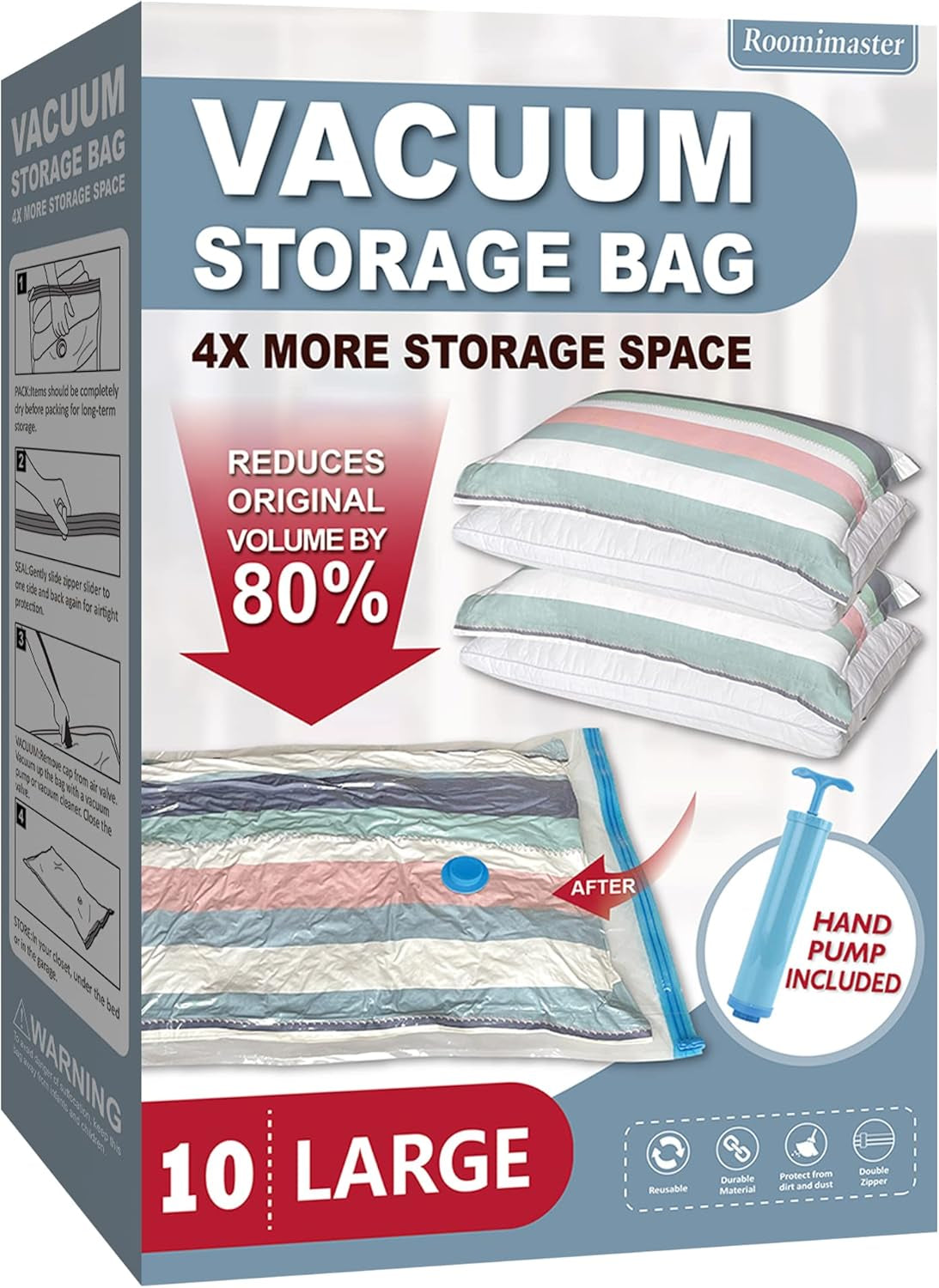 10 Large Vacuum Storage Bags with Hand Pump – Space Saver Bags for Clothes, Blankets, Comforters & Travel Luggage