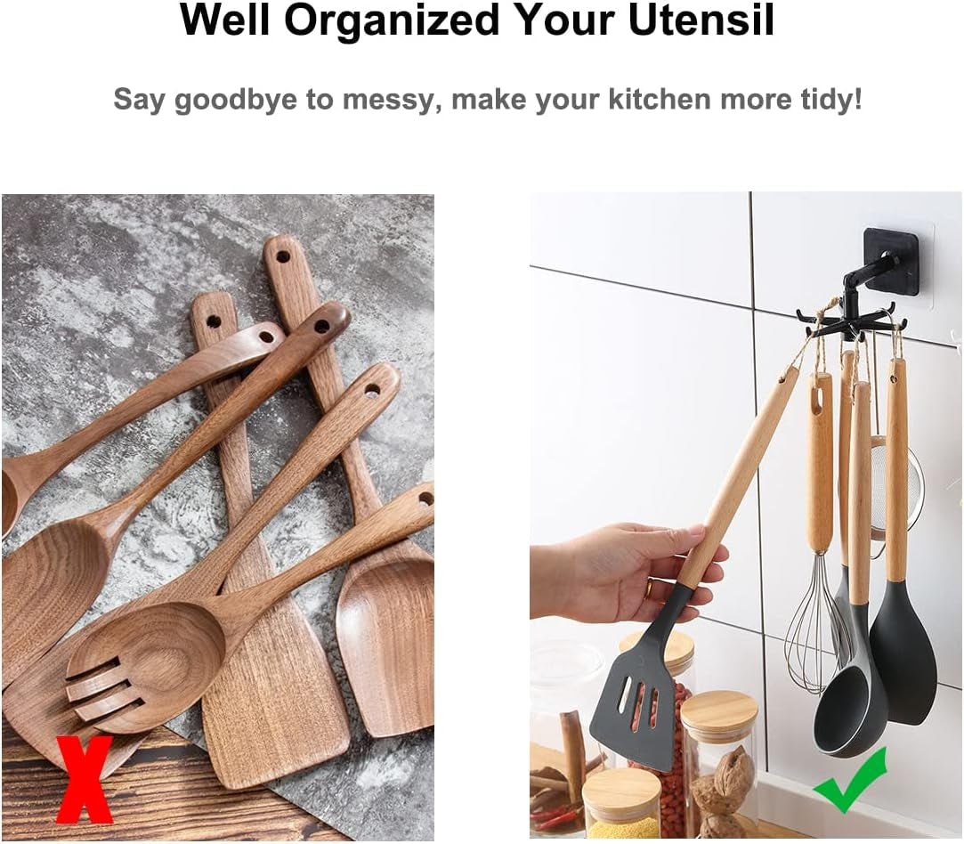 Kitchen Utensil Hanger with 6 Hooks, 2 Pack under Cabinet Utensil Holder 360° Rotatable Kitchen Hooks Utensil Rack Space Saving No Drilling Nail Free Kitchen Utensil Organizer for Wall, Black