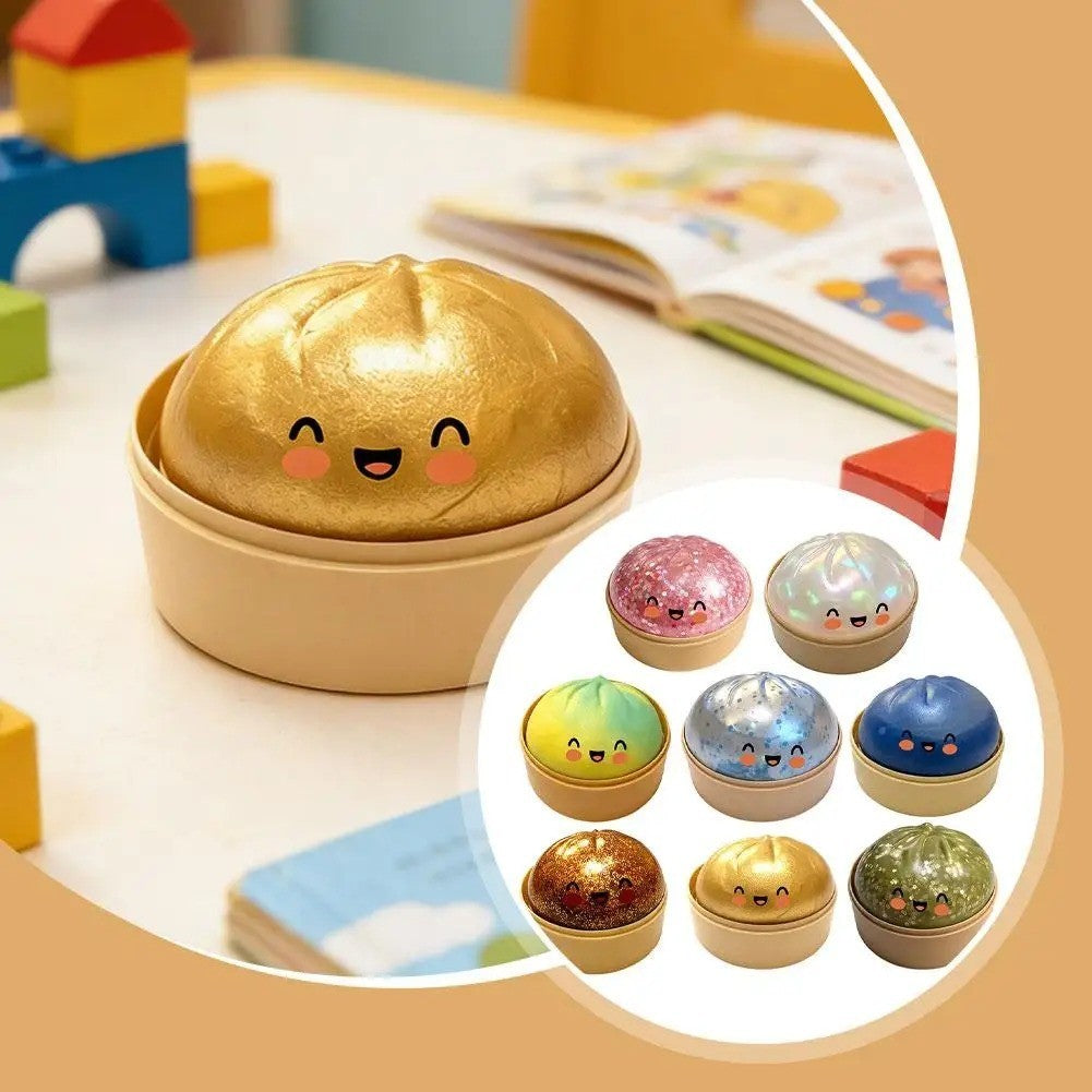 Cute bun-shaped squishy toy with sparkling glitter and smiling face