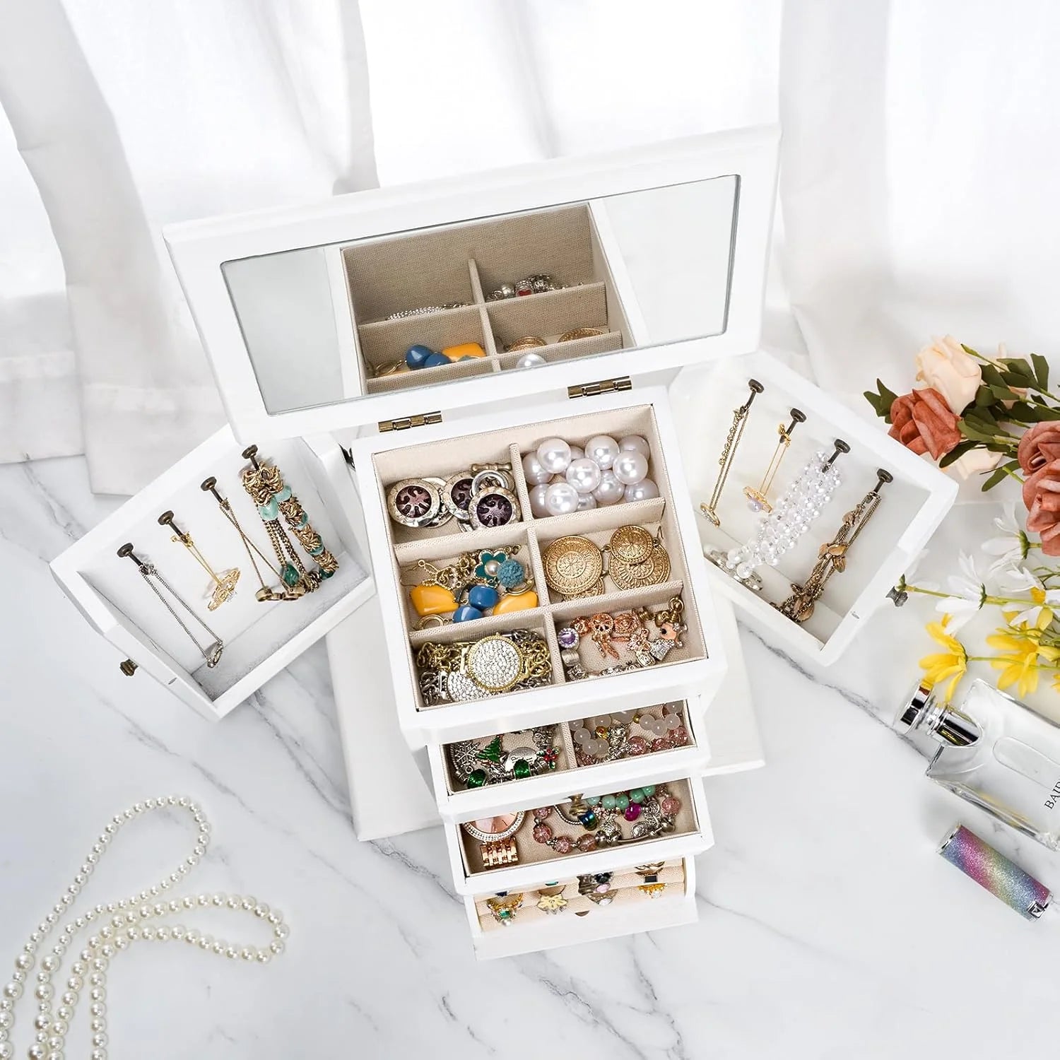 Rustic Wooden Jewelry Box for Women, 4-Layer Organizer with Mirror for Rings, Earrings, Necklaces & Bracelets, White