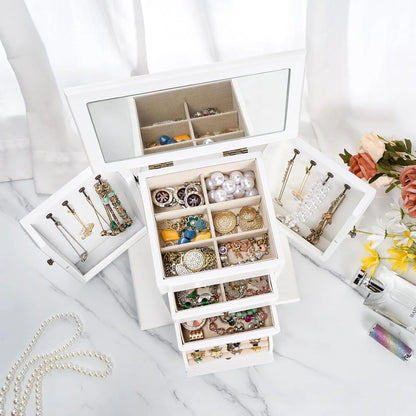 Rustic Wooden Jewelry Box for Women, 4-Layer Organizer with Mirror for Rings, Earrings, Necklaces & Bracelets, White
