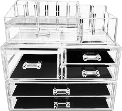 3 Piece Acrylic Makeup Organizer Set - Vanity Countertop Cosmetics and Jewelry Storage Case Display with 5 Easy Glide Drawers 16 Slot Top Tray