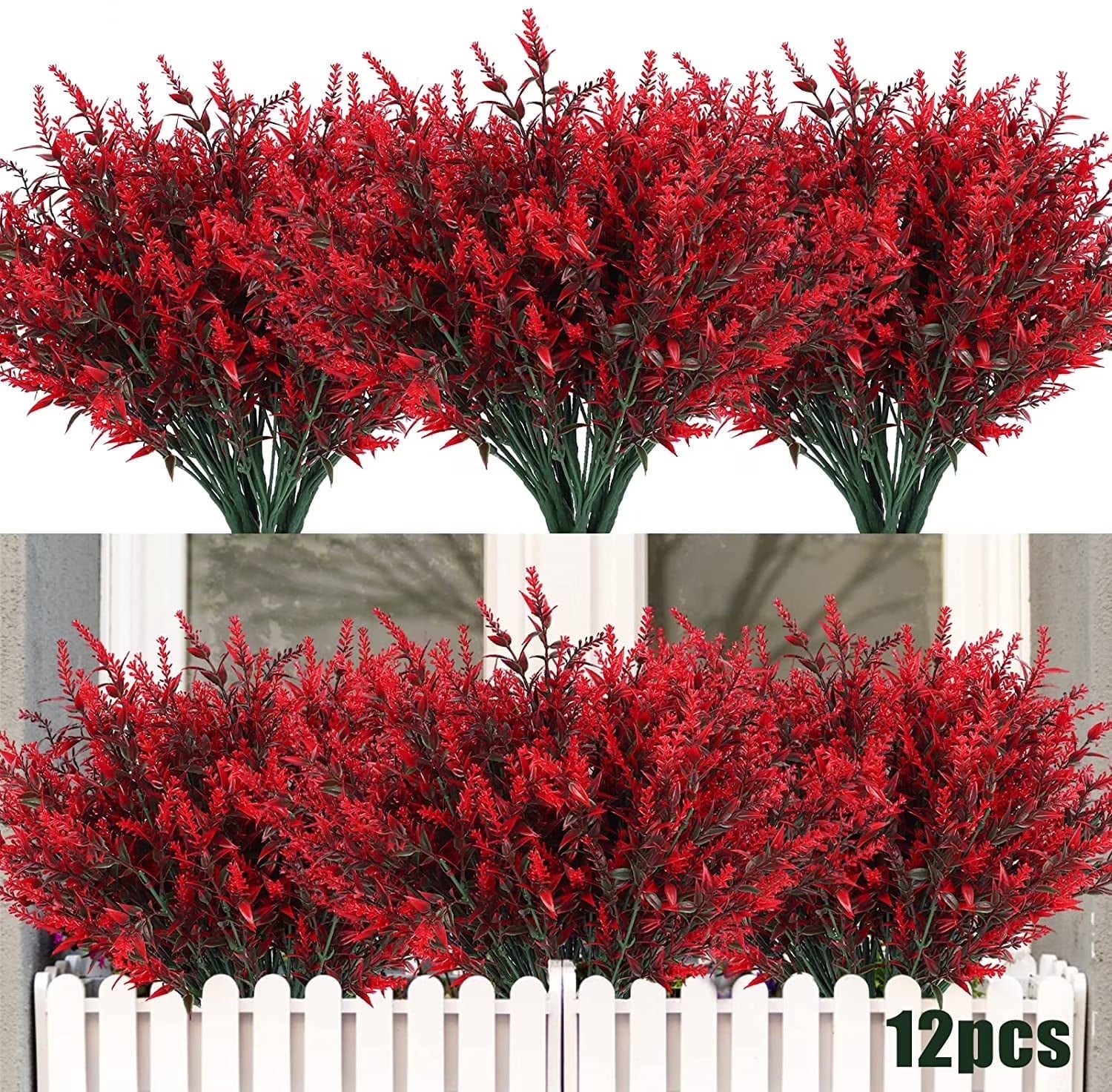 12 Bundles Red Artificial Lavender Flowers, UV-Resistant Fake Flowers for Outdoor & Indoor Spring Home Decor