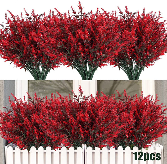 12 Bundles Red Artificial Lavender Flowers, UV-Resistant Fake Flowers for Outdoor & Indoor Spring Home Decor