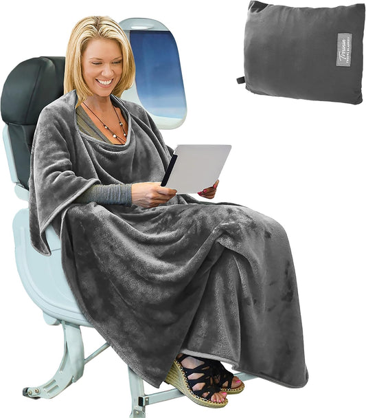 Travel Blanket Airplane Office Poncho 4 in 1 Premium Cozy Fleece Portable Poncho Blankets with Built-In Bag, Pocket