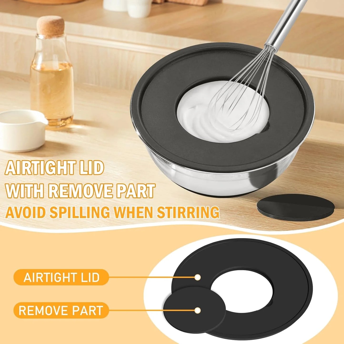 16 Pieces Mixing Bowls with Lids Set, 3 Grater Attachments, Non-Slip Silicone Base Stainless Steel Mixing Bowl Set, Sizes 4.5, 4, 3.5, 2.1, 1.5, 1.1, 0.7 Qt for Kitchen, Black