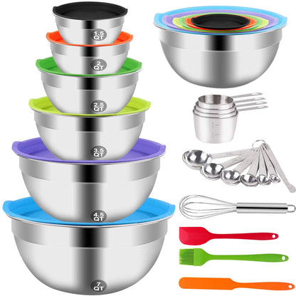Mixing Bowls with Lids Set, 23 Pcs Kitchen Utensils Stainless Steel Nesting Bowls, Measuring Cups Spoons, 12 Reusable Silicone Stretch Lids Non-Slip Mat Egg Whisk for Baking Cooking by