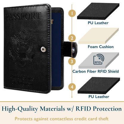 Passport Holder – RFID Blocking Travel Wallet with Cash & Vaccine Card Holder, Waterproof PU Leather Passport Case for Men & Women (Black)