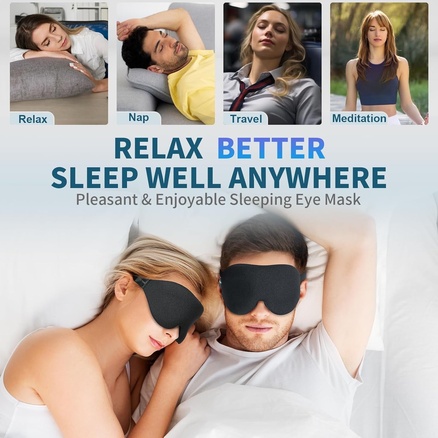 3D Contoured Sleep Mask for Side Sleepers – Light-Blocking Eye Mask with Adjustable Strap for Travel, Nap & Night Sleep (Black)