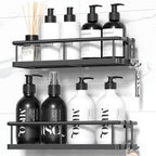 Adhesive Rustproof Shower Caddy with Removable Hooks, Large Capacity Bathroom Organizer, No-Drill Storage Shelf, Black