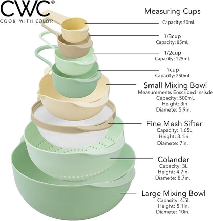  Bowls with Measuring Cups Colander and Sifter Set - Includes Mixing Bowls, Colander, Sifter and Measuring Cups, Mint, 8 Pc Bowl