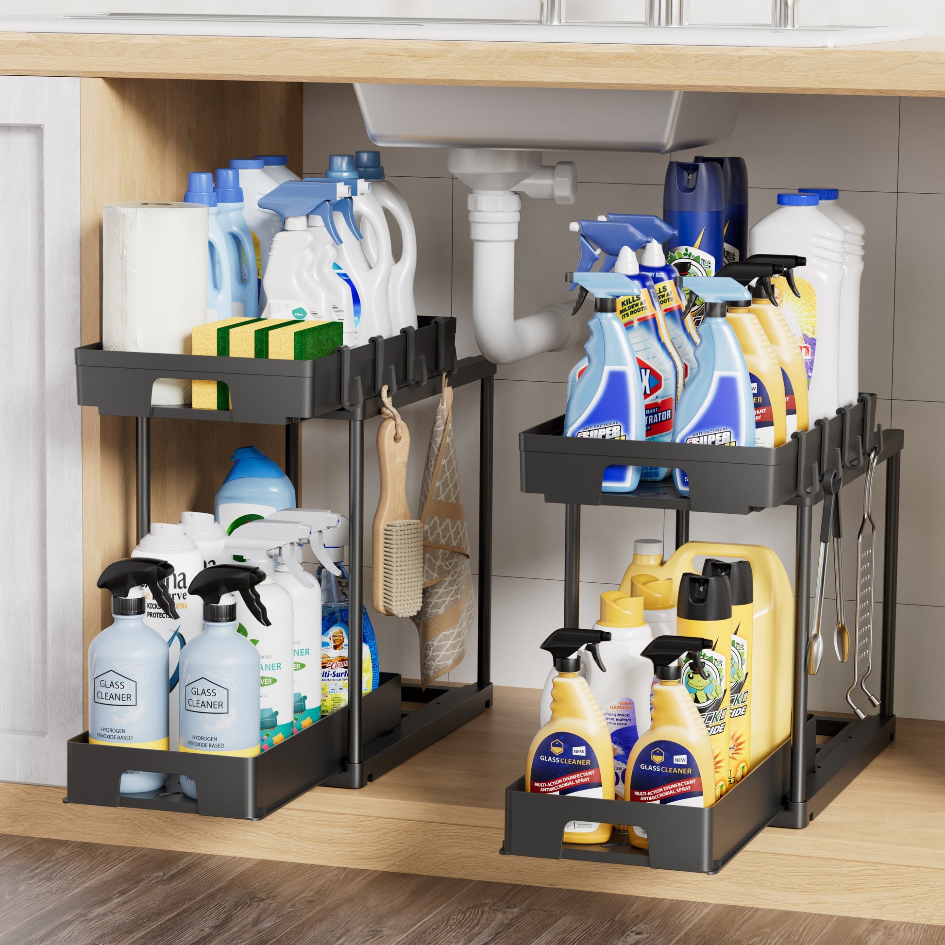 2 Pack under Sink Organizers and Storage, Pull Out Trash Can under Cabinet, 2 Tier Bin Organizer with Hooks and Haning Cups, Multi-Purpose Sliding under Cabinet Organizer