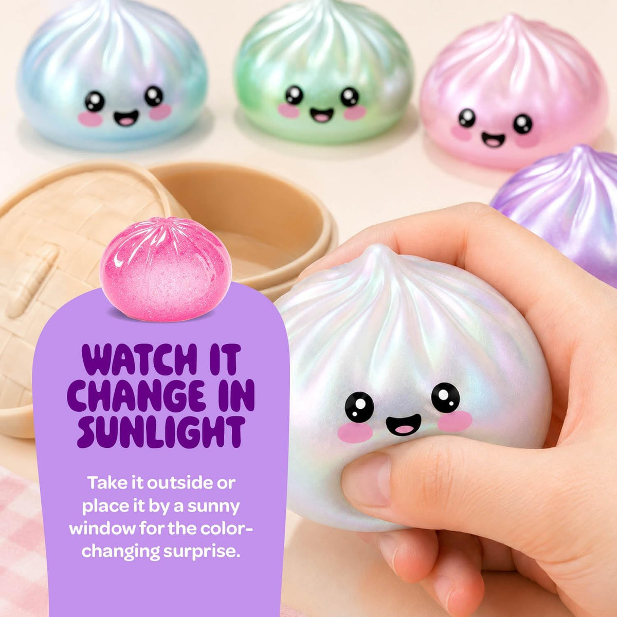 UV color-changing dumpling squishy changing color in sunlight