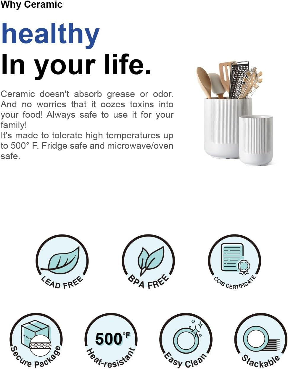 Set of 2 Ceramic Kitchen Utensil Holders, Large Modern Countertop Crocks for Spatulas & Cooking Tools, White (7.3" & 5.4")