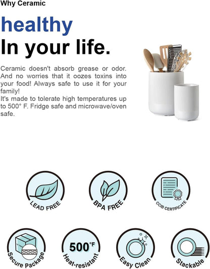 Set of 2 Ceramic Kitchen Utensil Holders, Large Modern Countertop Crocks for Spatulas & Cooking Tools, White (7.3" & 5.4")