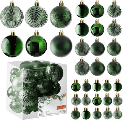  36-Piece Shatterproof Green Christmas Ornaments – 3 Sizes, 6 Styles with Hanging Loops for Tree, Wreath & Holiday Decor