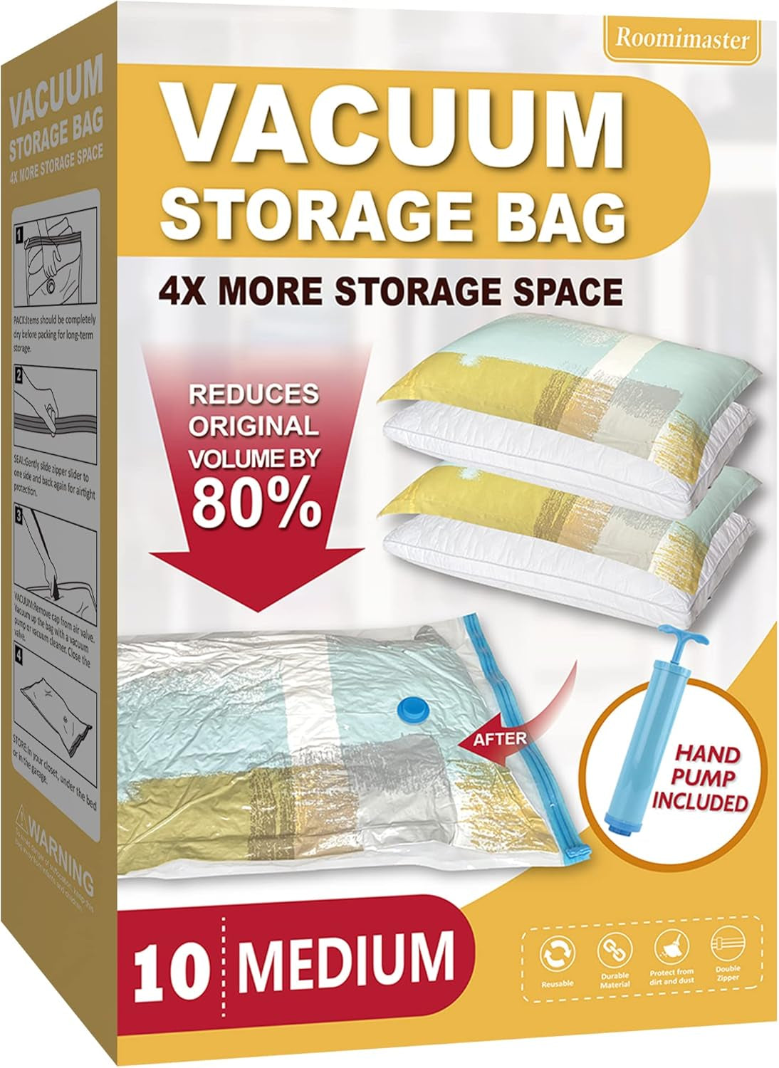 10 Large Vacuum Storage Bags with Hand Pump – Space Saver Bags for Clothes, Blankets, Comforters & Travel Luggage
