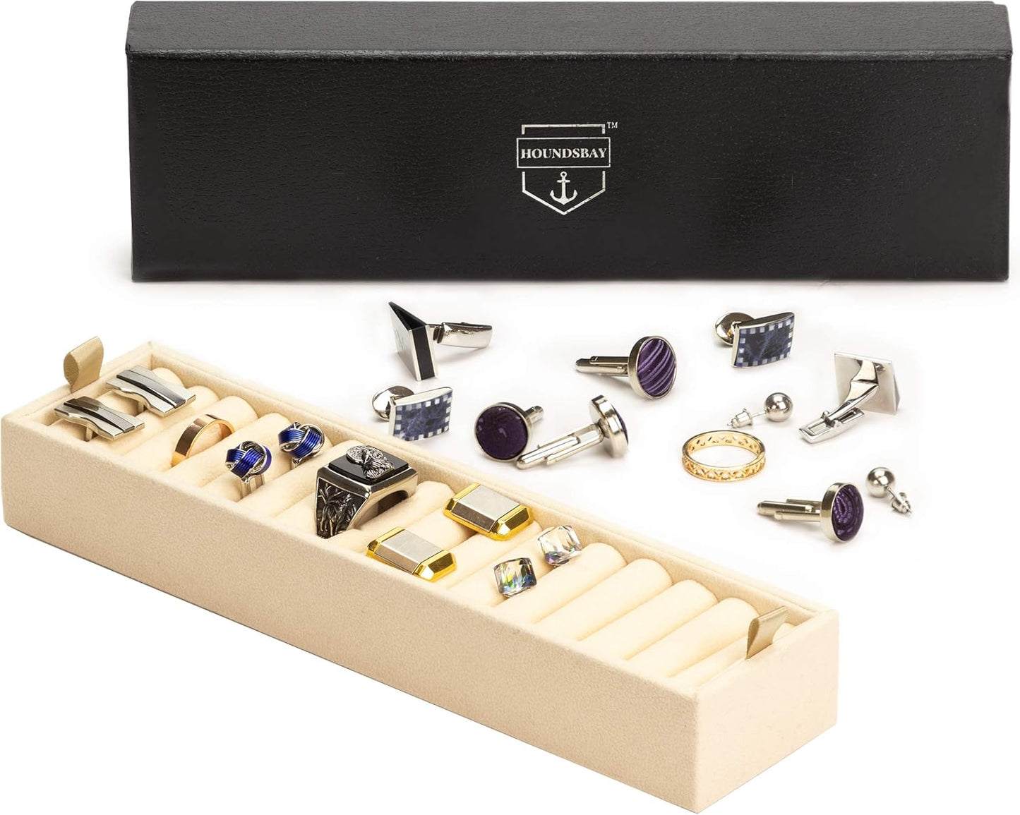Ring & Cufflink Box Padded Jewelry Tray | Accessory to Admiral and Commander Dresser Valet Box & Victory Valet Tray (Ivory)