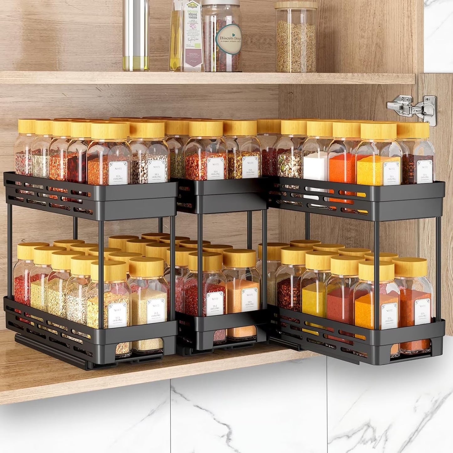 3-Pack 2-Tier Pull-Out Spice Rack Organizer for Cabinets, Slide-Out Spice Storage, Each Tier Holds 10 Jars, Easy to Install (4.33" W x 10.4" D x 8.5" H)