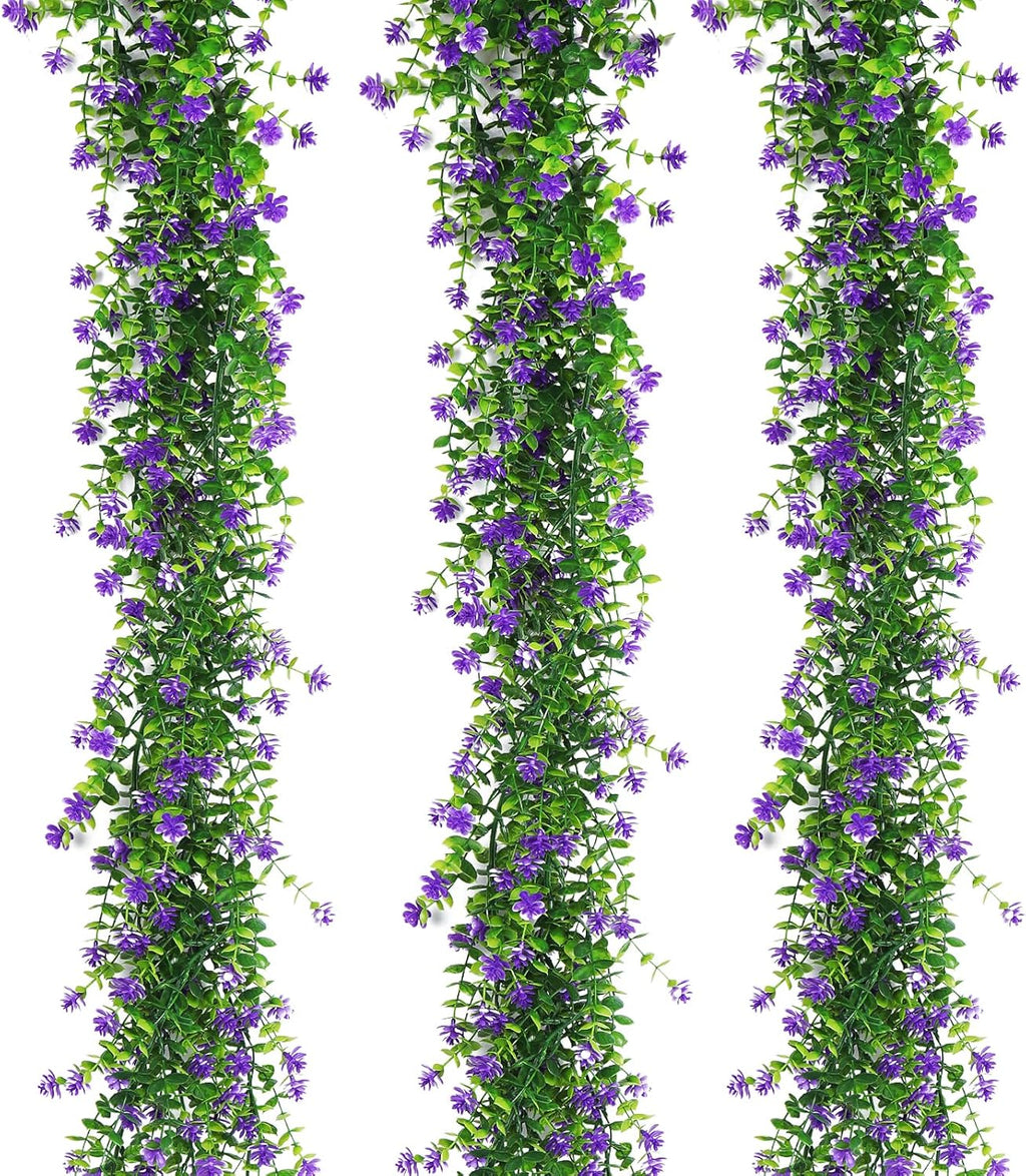 3-Pack Black Artificial Eucalyptus Garland with Flowers, Halloween & Fall Party Decor, Fake Floral Greenery for Wall Backdrop