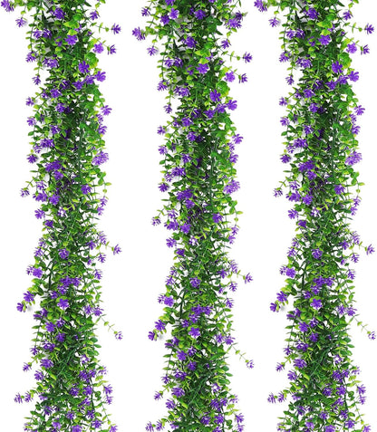 3-Pack Black Artificial Eucalyptus Garland with Flowers, Halloween & Fall Party Decor, Fake Floral Greenery for Wall Backdrop