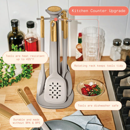 6-Piece Silicone Kitchen Utensil Tool Set with Rotating Rack by Drew Barrymore, Porcini Taupe