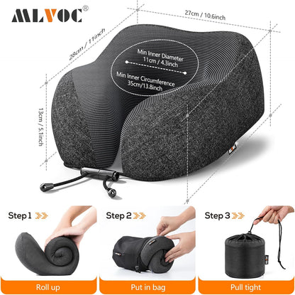 MLVOC Travel Pillow 100% Pure Memory Foam Neck Pillow, Comfortable & Breathable Cover, Machine Washable, Airplane Travel Kit with 3D Contoured Eye Masks, Earplugs, and Luxury Bag, Standard (Black)