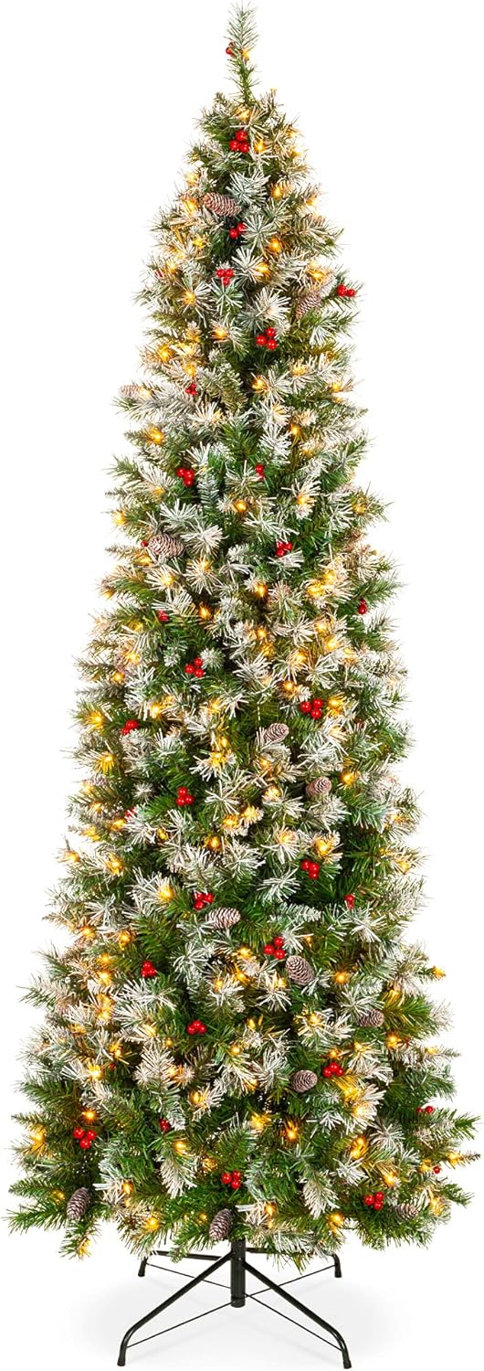 Casy Nest 6ft Pre-Lit Pencil Christmas Tree – Partially Flocked Slim Holiday Tree