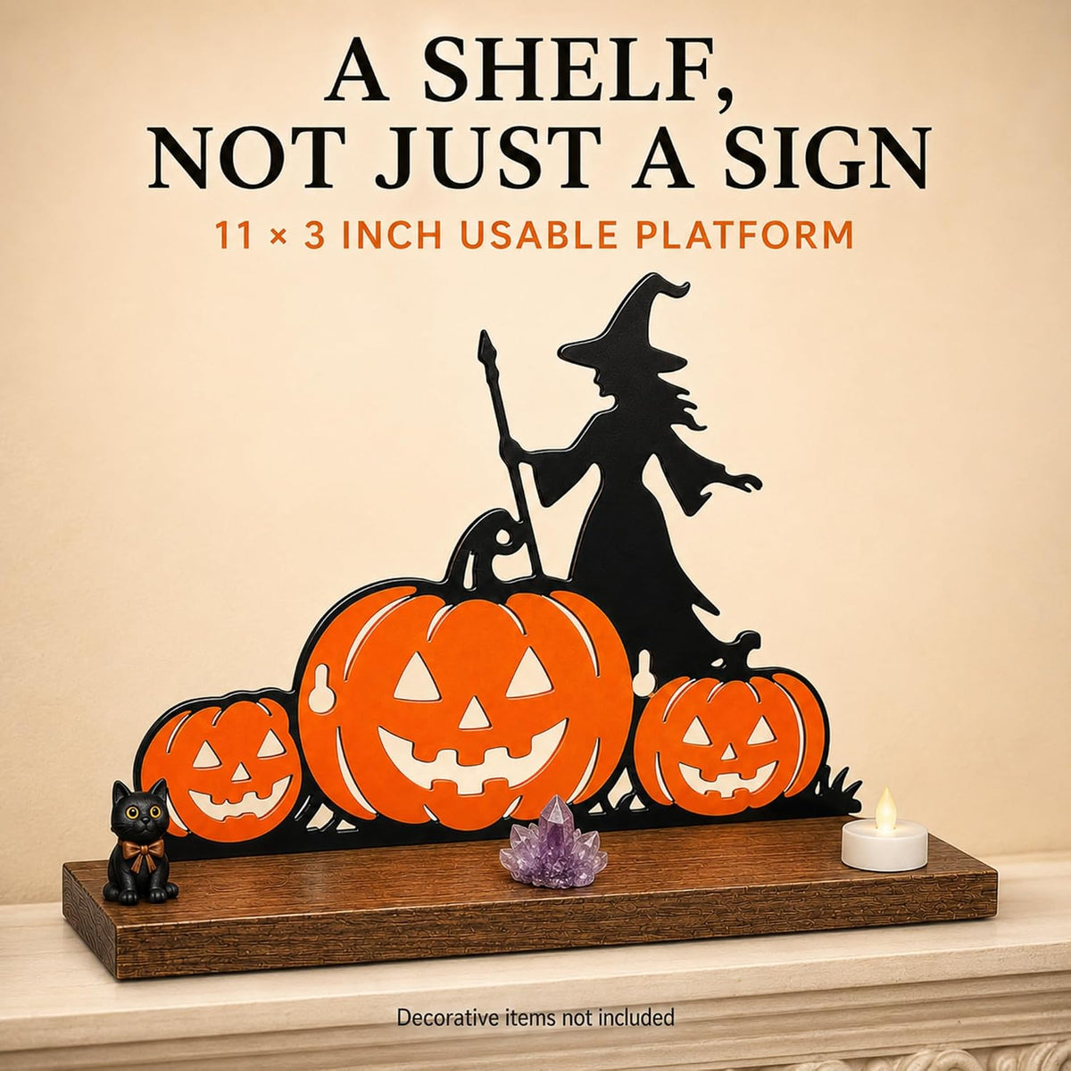Pracaniz Halloween Display Shelf, 11-Inch Witch Pumpkin Bat Mantel Decor