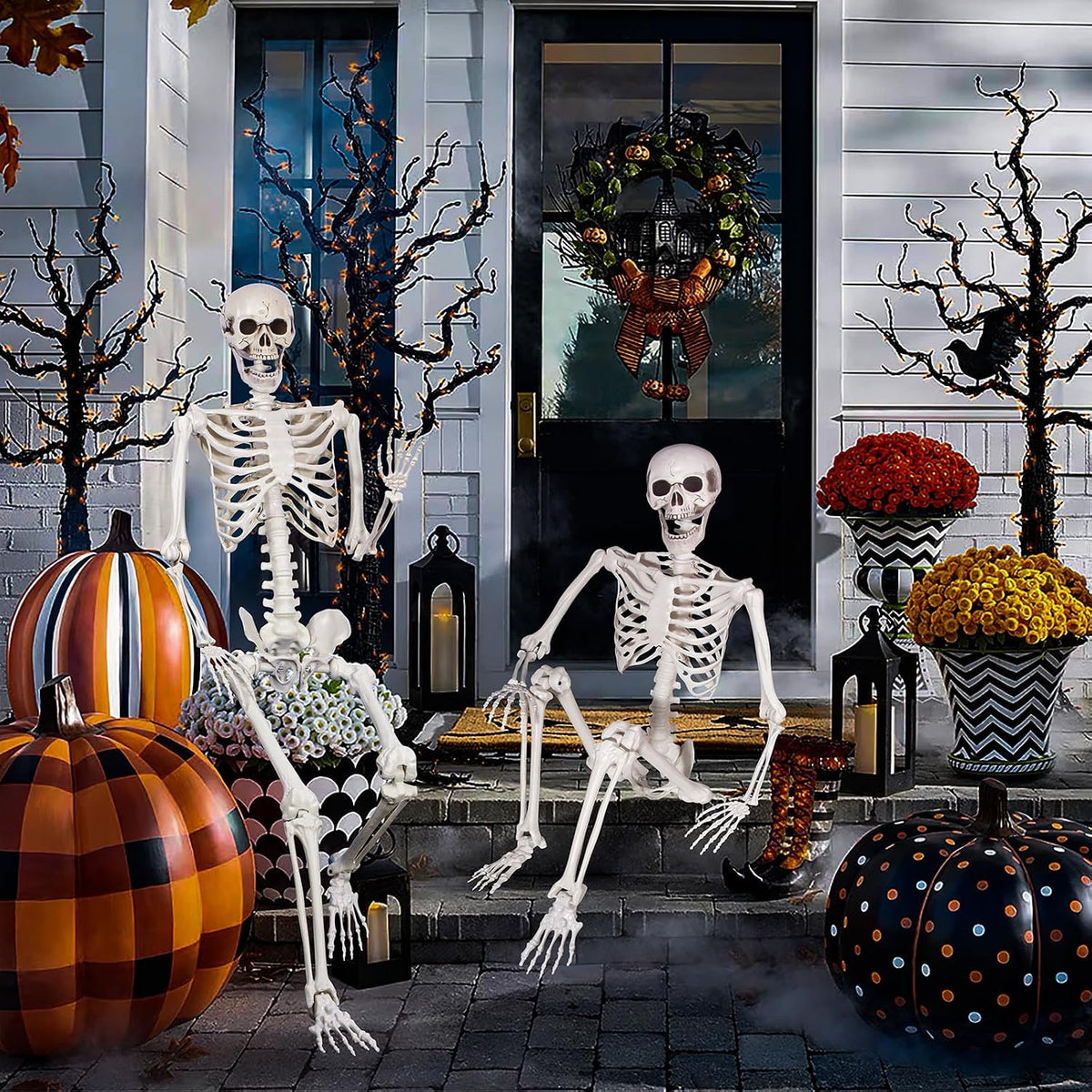 5.4 ft Halloween skeleton posed for spooky scene decoration