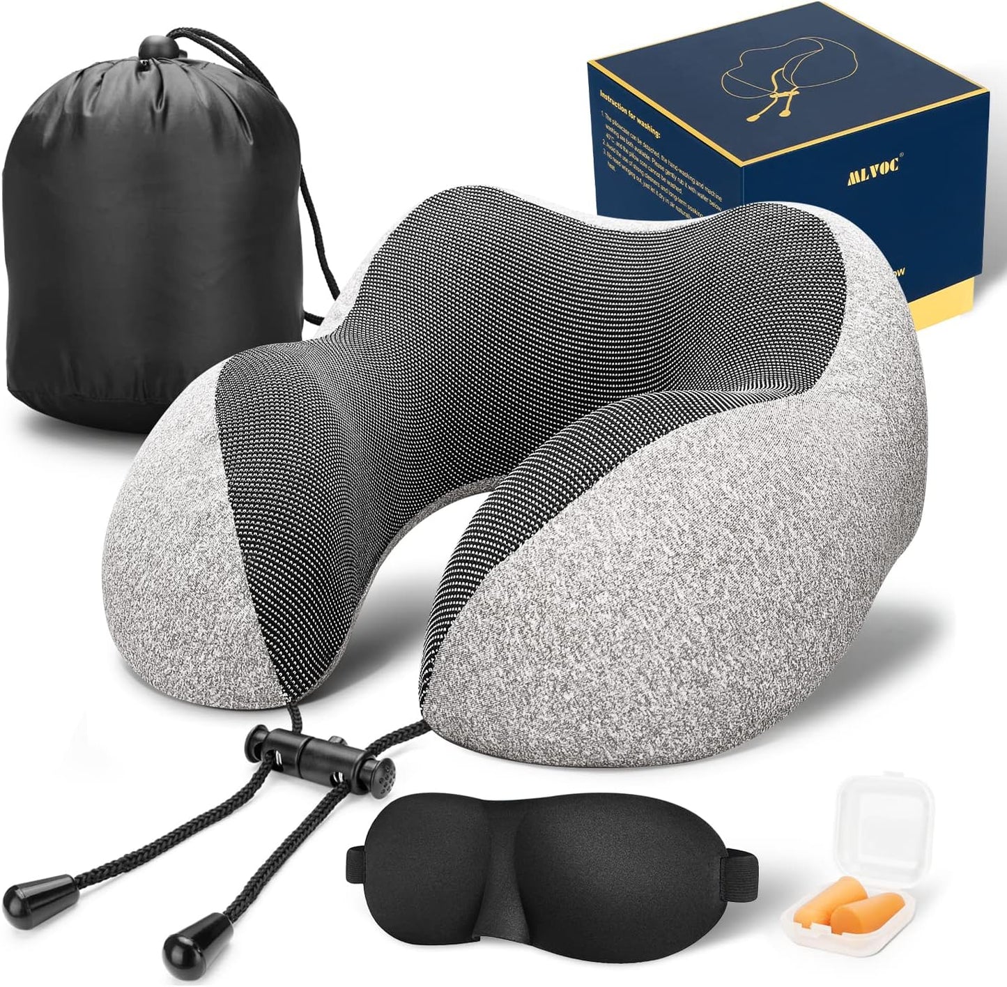 MLVOC Travel Pillow 100% Pure Memory Foam Neck Pillow, Comfortable & Breathable Cover, Machine Washable, Airplane Travel Kit with 3D Contoured Eye Masks, Earplugs, and Luxury Bag, Standard (Black)