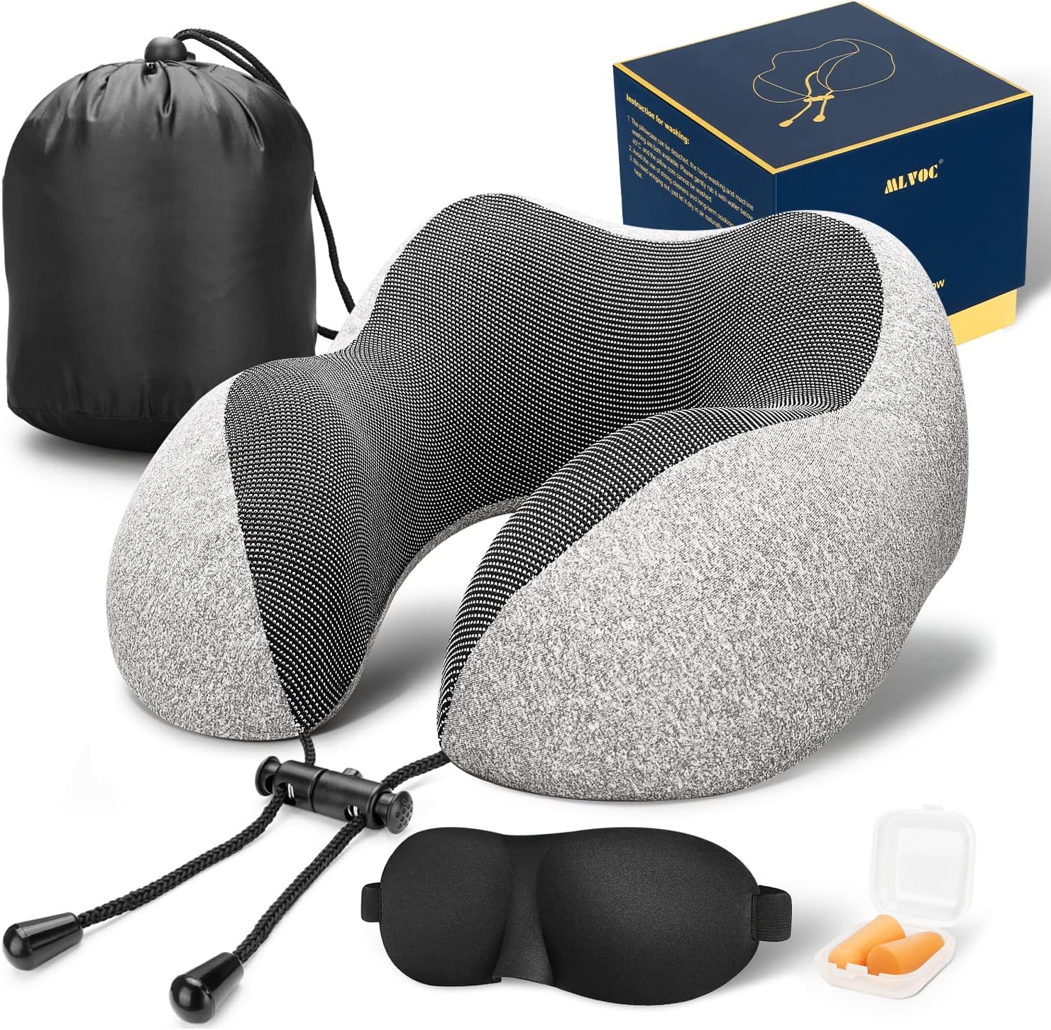 MLVOC Travel Pillow 100% Pure Memory Foam Neck Pillow, Comfortable & Breathable Cover, Machine Washable, Airplane Travel Kit with 3D Contoured Eye Masks, Earplugs, and Luxury Bag, Standard (Black)