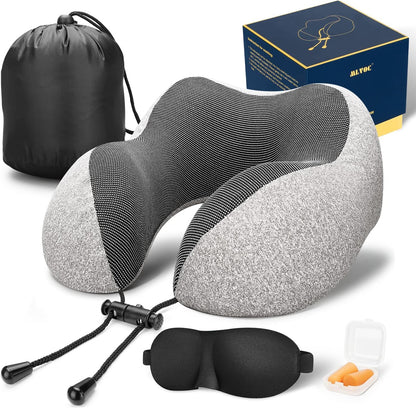 MLVOC Travel Pillow 100% Pure Memory Foam Neck Pillow, Comfortable & Breathable Cover, Machine Washable, Airplane Travel Kit with 3D Contoured Eye Masks, Earplugs, and Luxury Bag, Standard (Black)