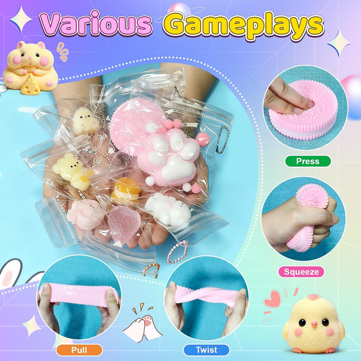 Cute Taba squishy toy collection with cat paws hamsters cookies and other shapes