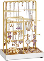 SONGMICS Necklace Holder, Jewelry Stand Holder Organizer, Jewelry Display with Metal Frame, Velvet Tray, Earring Bracelet Holder, for Gift Idea, 4.5 X 7.7 X 12.1 Inch, Pale Gold UJJS021A01