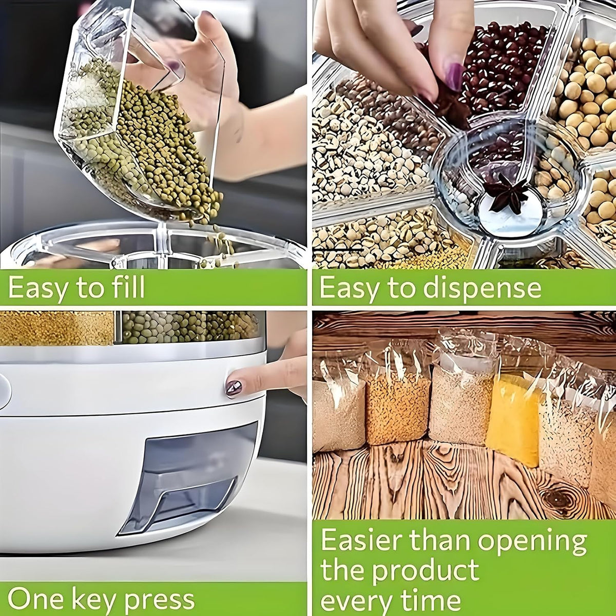 Large capacity grain dispenser with sealed moisture-resistant storage design