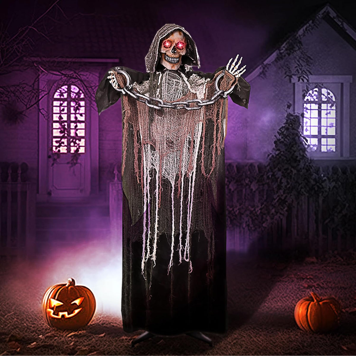 Motion activated Grim Reaper with glowing eyes and scary sounds