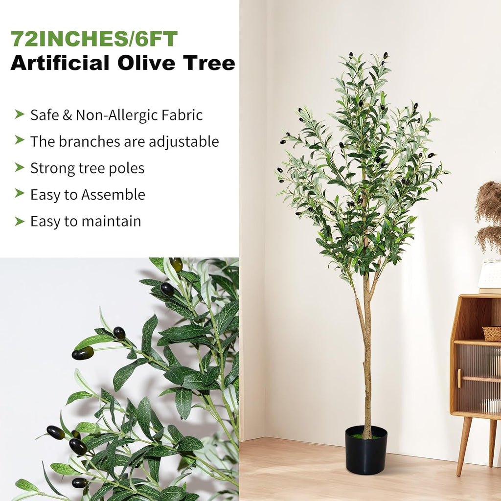 6Ft Faux Olive Tree, Artificial Olive Tree Indoor, High Imitation Silk Plant Fake Olive Tree with Realistic Leaves and Fruits, Suitable for Home Living Room Office Decoration