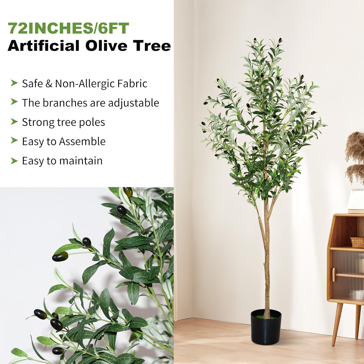 6Ft Faux Olive Tree, Artificial Olive Tree Indoor, High Imitation Silk Plant Fake Olive Tree with Realistic Leaves and Fruits, Suitable for Home Living Room Office Decoration