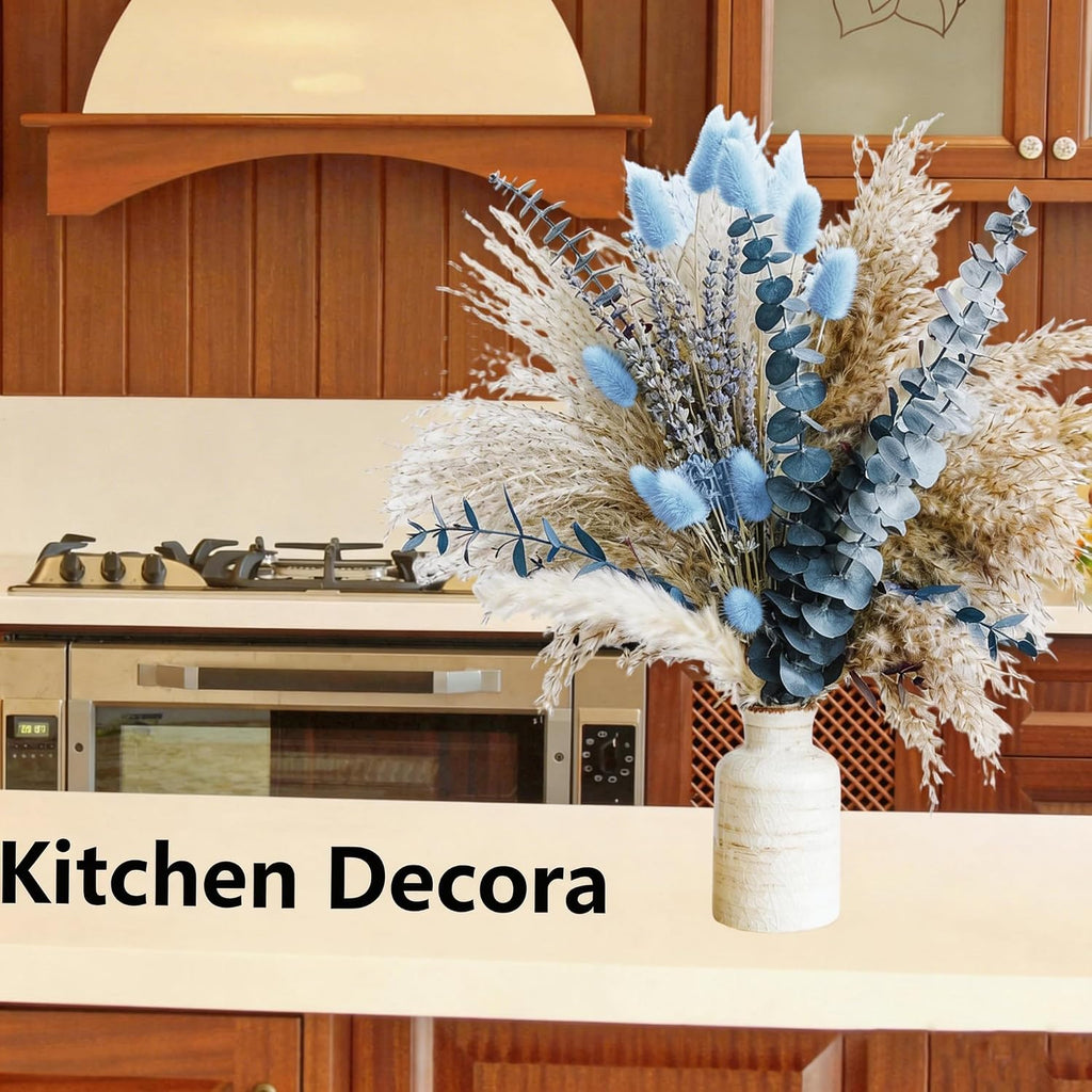 Dusty blue and beige dried flowers for coastal and bohemian home decor