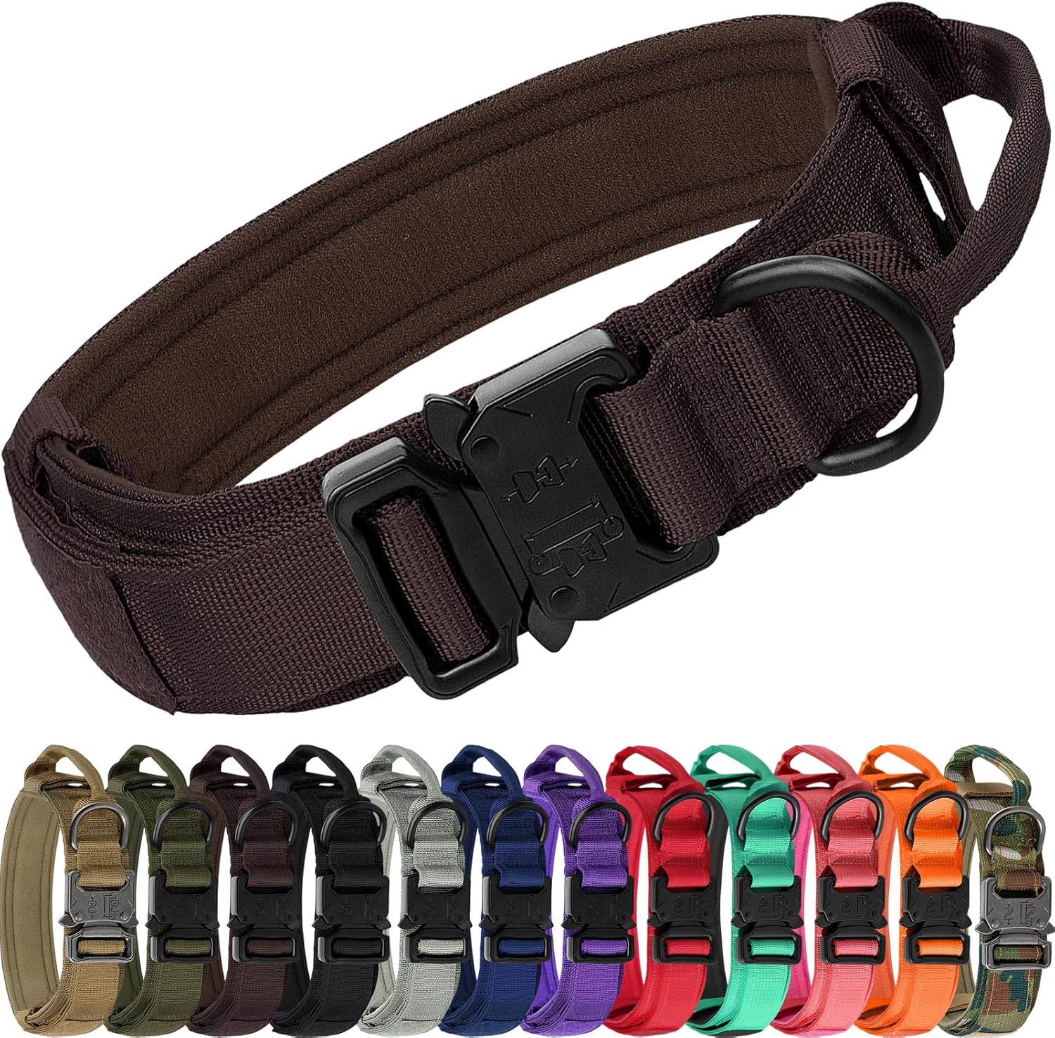 Tactical Dog Collar with Handle – Adjustable Heavy-Duty Military Training Collar with 2 Patches for All Size Dogs