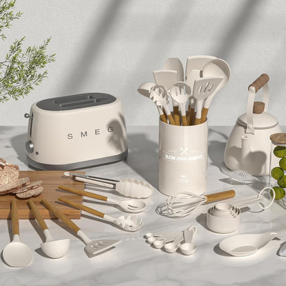 Umite Chef Kitchen Cooking Utensils Set, 33 Pcs Non-Stick Silicone Cooking Kitchen Utensils Spatula Set with Holder, Wooden Handle Silicone Kitchen Gadgets Utensil Set (Khaki)