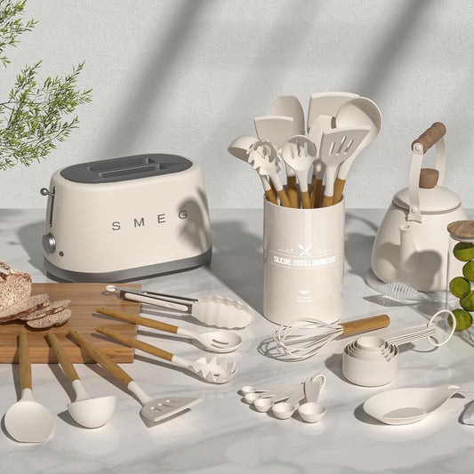Umite Chef Kitchen Cooking Utensils Set, 33 Pcs Non-Stick Silicone Cooking Kitchen Utensils Spatula Set with Holder, Wooden Handle Silicone Kitchen Gadgets Utensil Set (Khaki)