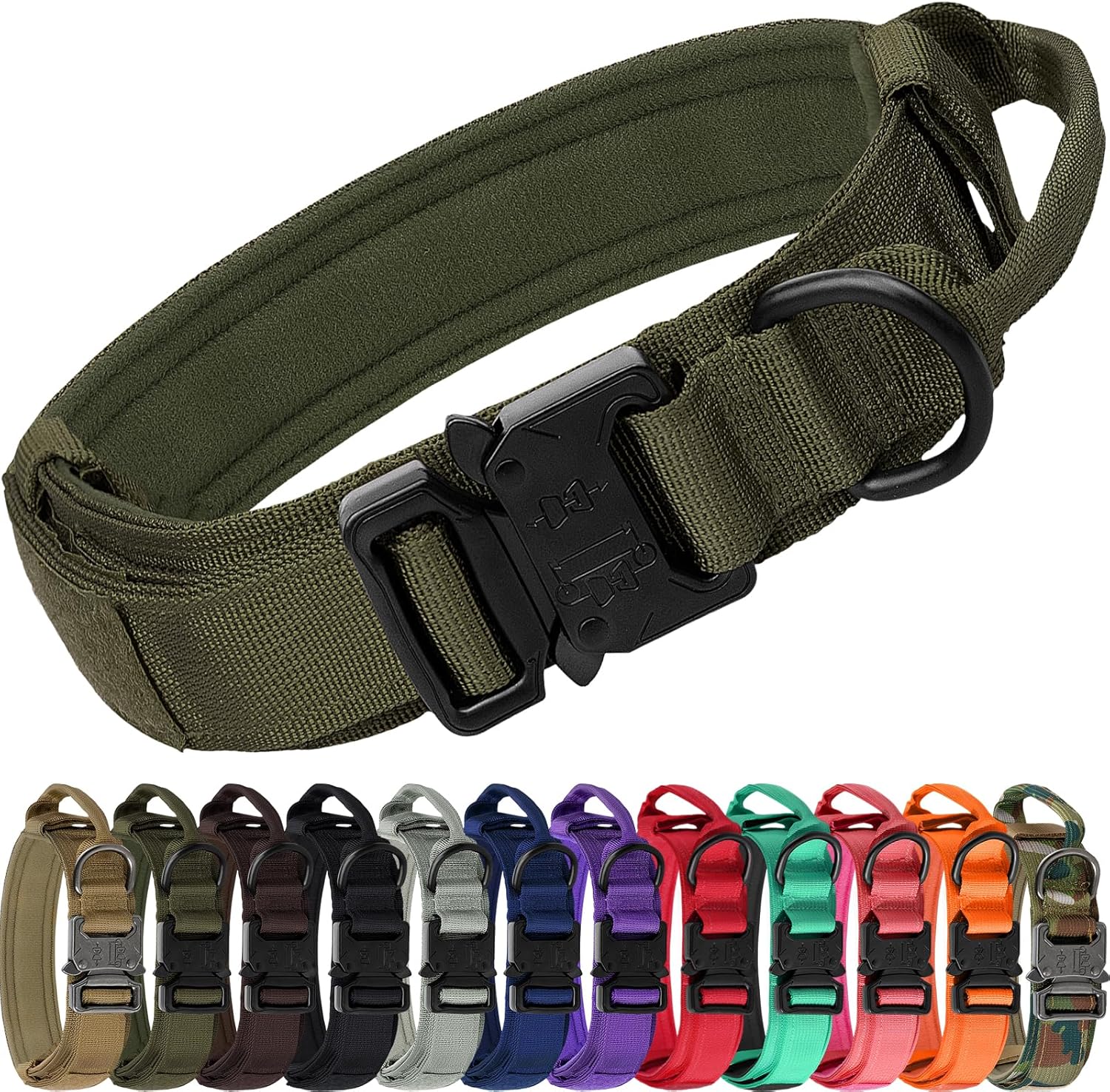 Tactical Dog Collar with Handle – Adjustable Heavy-Duty Military Training Collar with 2 Patches for All Size Dogs