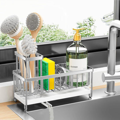 Cisily Black Sponge Holder for Kitchen Sink, Sink Caddy Organizer with High Brush Holder, Kitchen Countertop Organizers and Storage Essentials, Rustproof 304 Stainless Steel, Soap Dispenser Organize