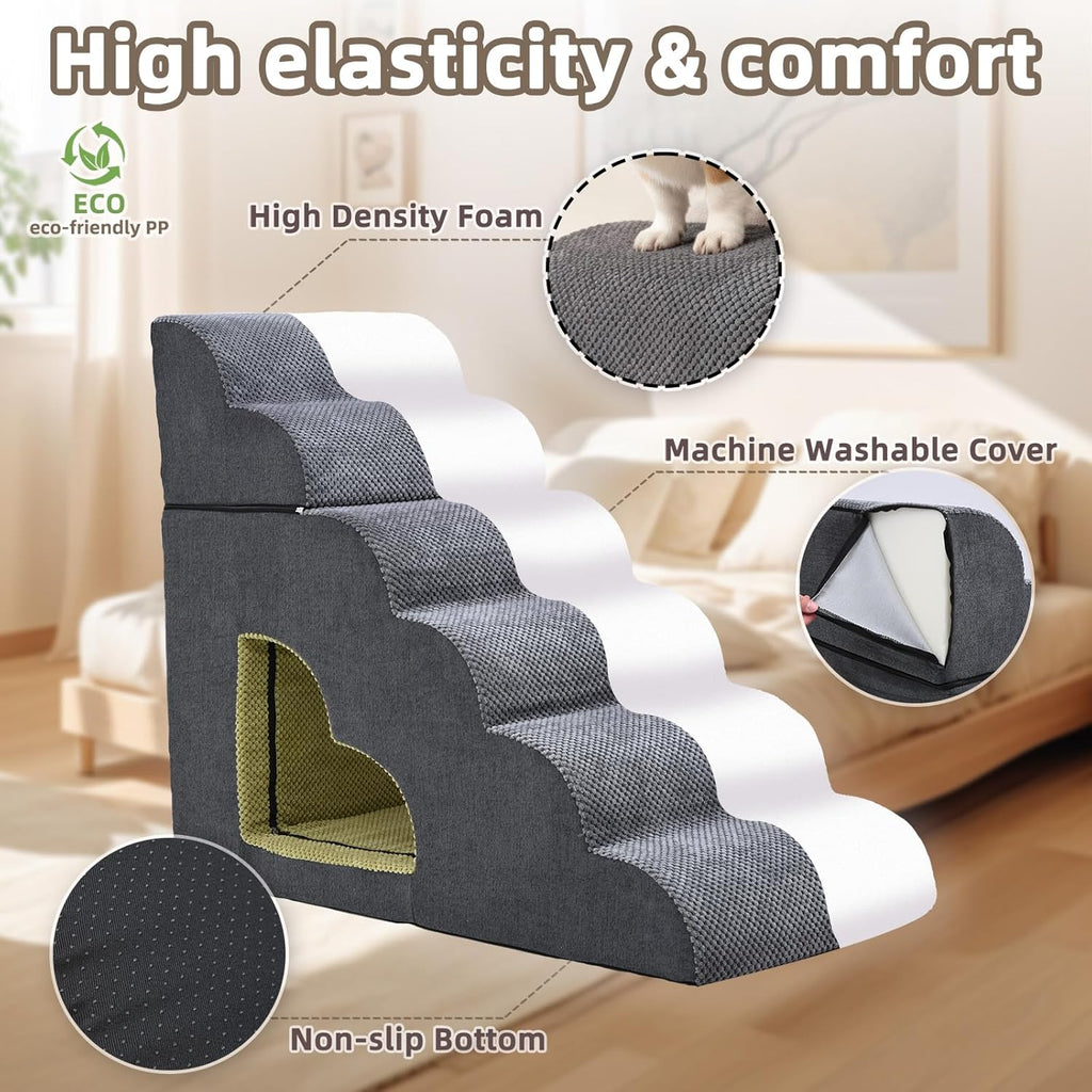 Dog Stairs for High Bed 6 Step Foam Pet Ramp with Tunnel
