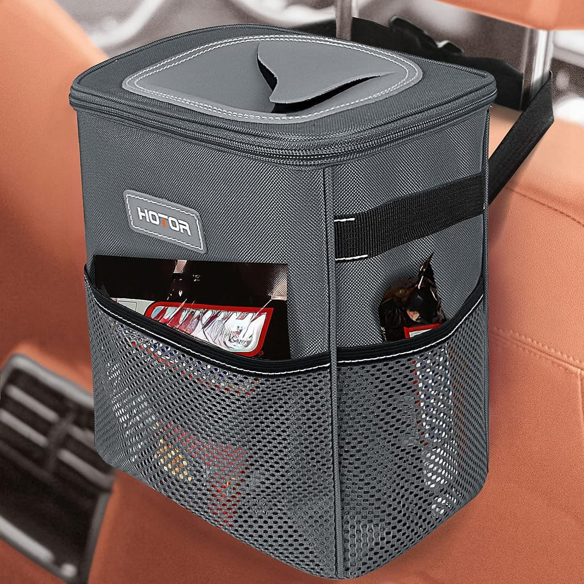 Black car trash organizer with spacious interior for collecting everyday waste