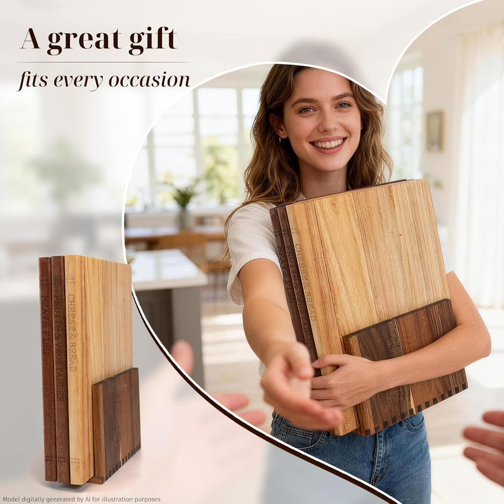 Book Cutting Board Set with Wooden Stand-Wooden Kitchen Cutting Boards That Look like Books for Vegetables Cheese Meat,3Pcs Chopping Board Gift Set for Home Cooks & Kitchen Decor