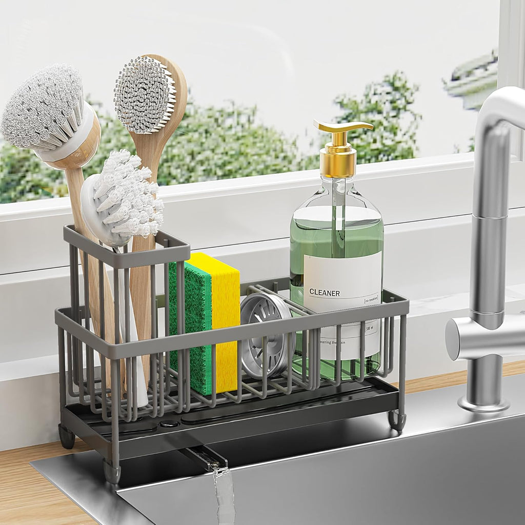 Cisily Black Sponge Holder for Kitchen Sink, Sink Caddy Organizer with High Brush Holder, Kitchen Countertop Organizers and Storage Essentials, Rustproof 304 Stainless Steel, Soap Dispenser Organize